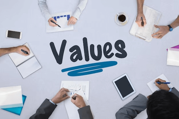Aerial view of diverse hands around a table with the word 'Values' prominently written, along with notebooks and devices.
